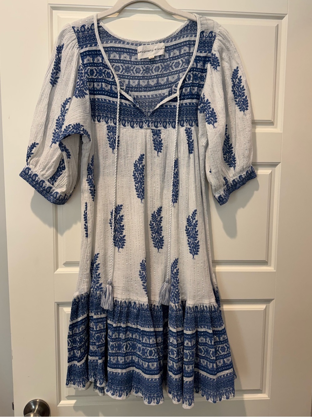 Daughters of India XS Boho Blue/White Embroidered Mini Dress